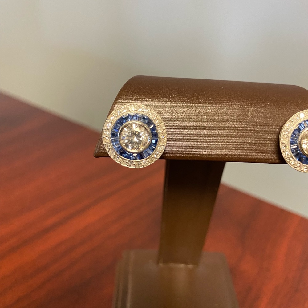 Vintage Platinum 2.70ctw Diamond & Sapphire Halo Earrings - Picture 6 of 10